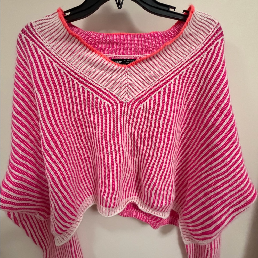SHEIN Pink and White Striped Off-the-Shoulder Sweater